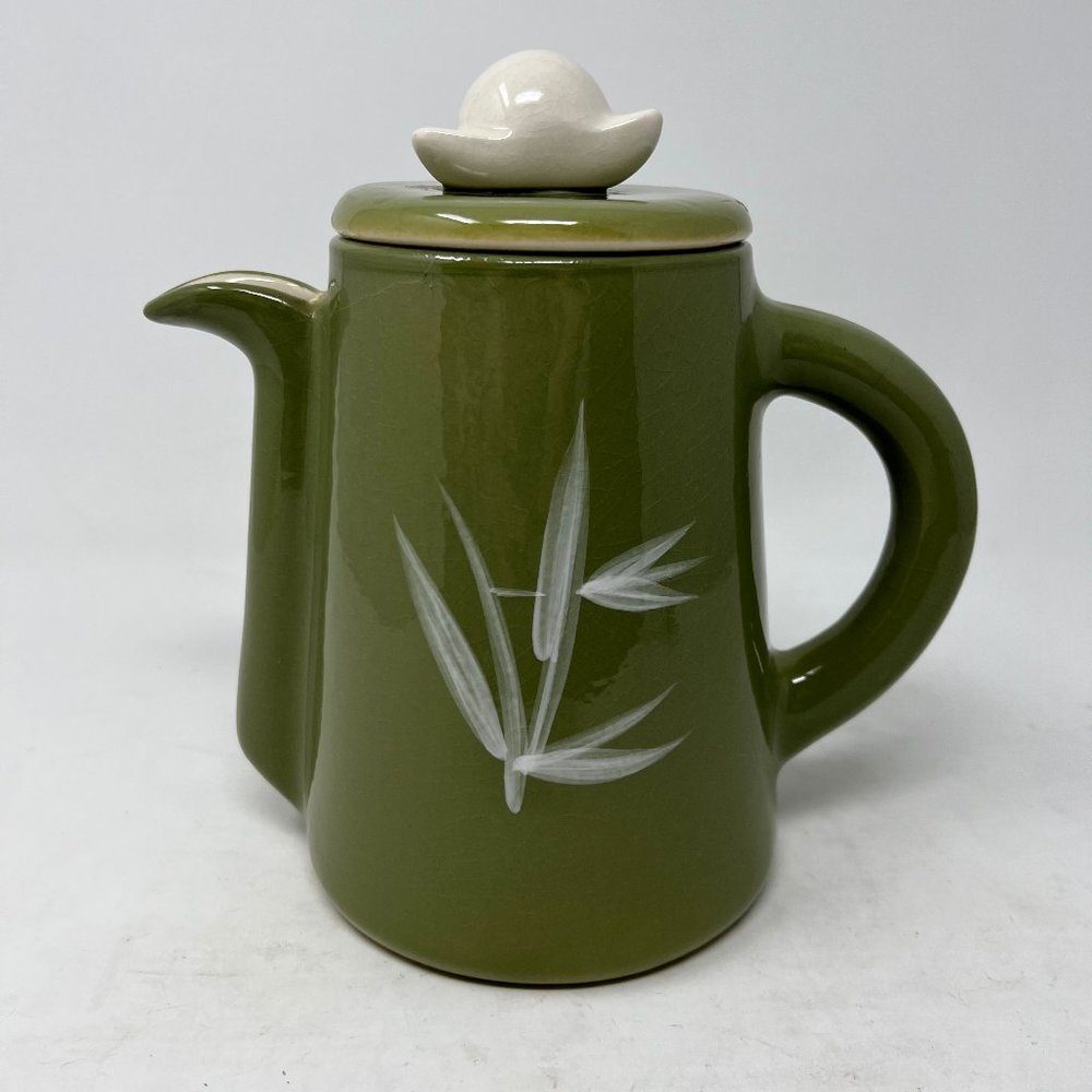 Winfield China Pottery Pitcher & Lid Green w/ Bamboo Design Mid-Century MCM